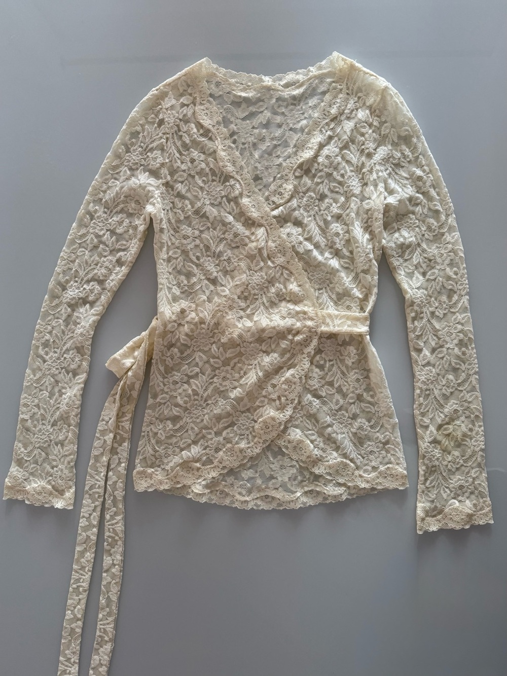 2013 Moda International Cream Floral Lace Long Sleeve Wrap Front Tie Top Shirt